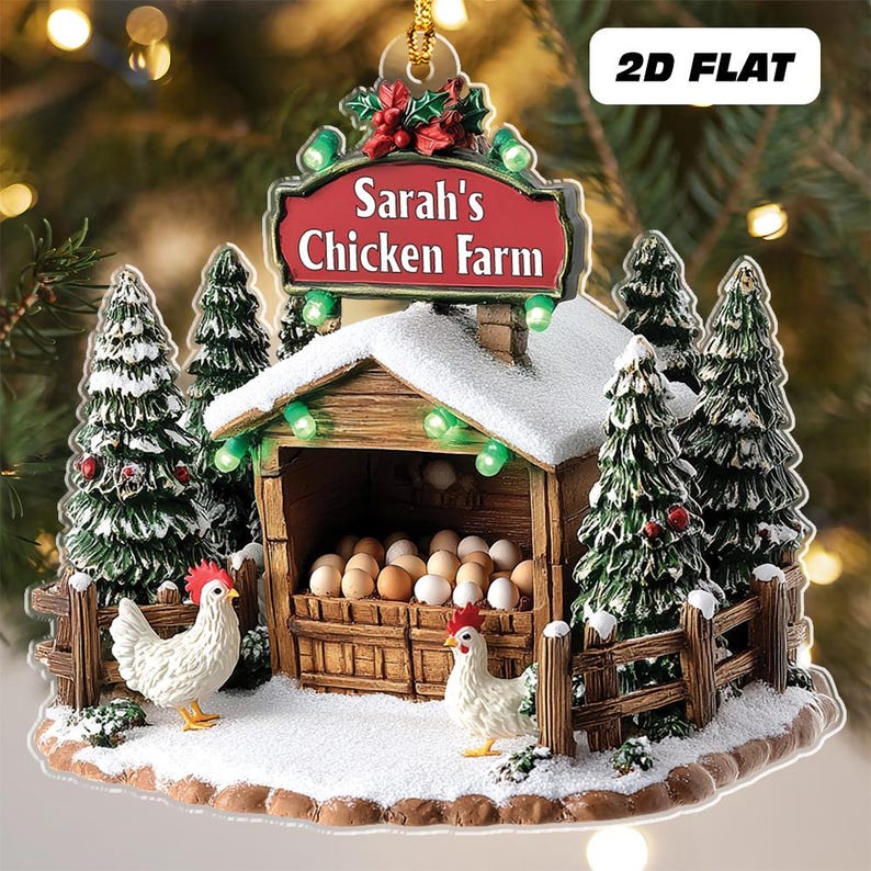 Personalized Chicken Farm Ornament, Chicken Ornament 2D Flat Not 3D, Farmhouse Christmas Ornament, Farm Decor, Gift For Farmer,Chicken Lover