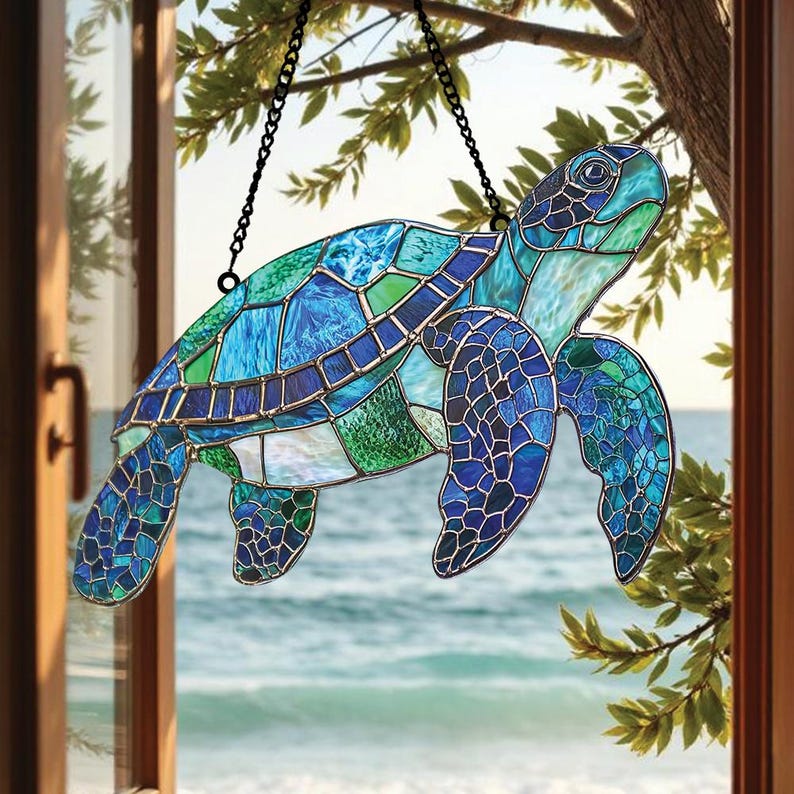 Sea Turtle Acrylic Window Hanging, Turtle Acrylic Suncatcher, Perfect Turtle Ornament and Home Decor for Turtle Lovers Beach Lovers
