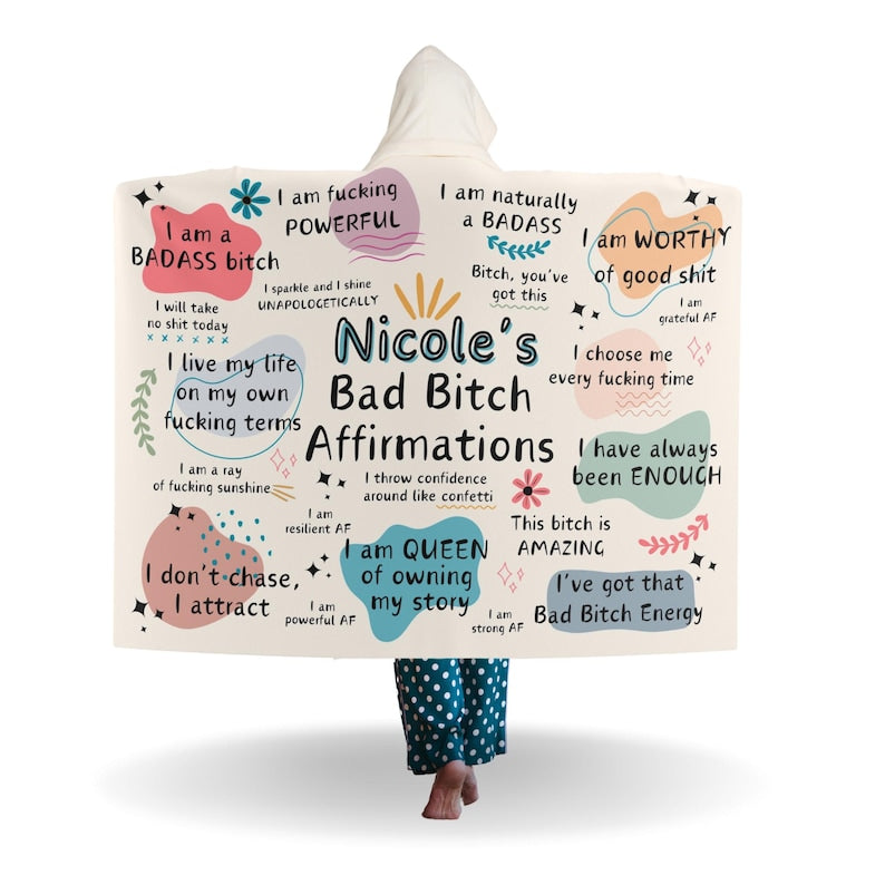 Personalized Bad Bitch Affirmations Hooded Blanket, Custom Sherpa Fleece Throw, Inspirational Positive Quote Snuggle Wrap, Empowering Adult