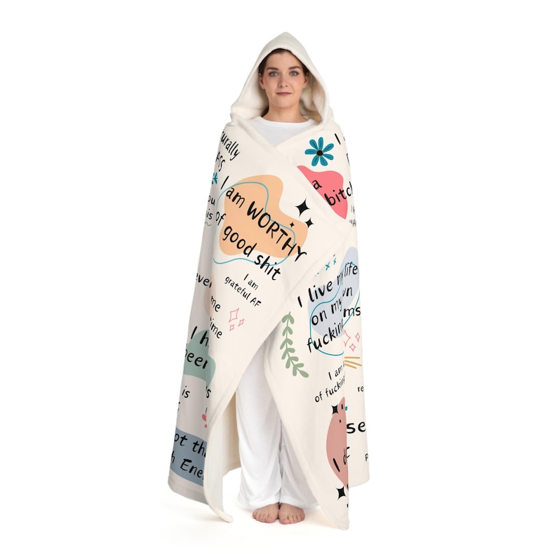 Personalized Bad Bitch Affirmations Hooded Blanket, Custom Sherpa Fleece Throw, Inspirational Positive Quote Snuggle Wrap, Empowering Adult