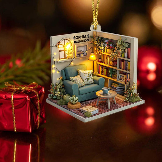 2D FLAT Personalized Dreamy Cozy Reading Nook 2D Flat Acrylic Ornament, Reading Room Christmas Ornament, Bookworm Gift, Librarian Gift