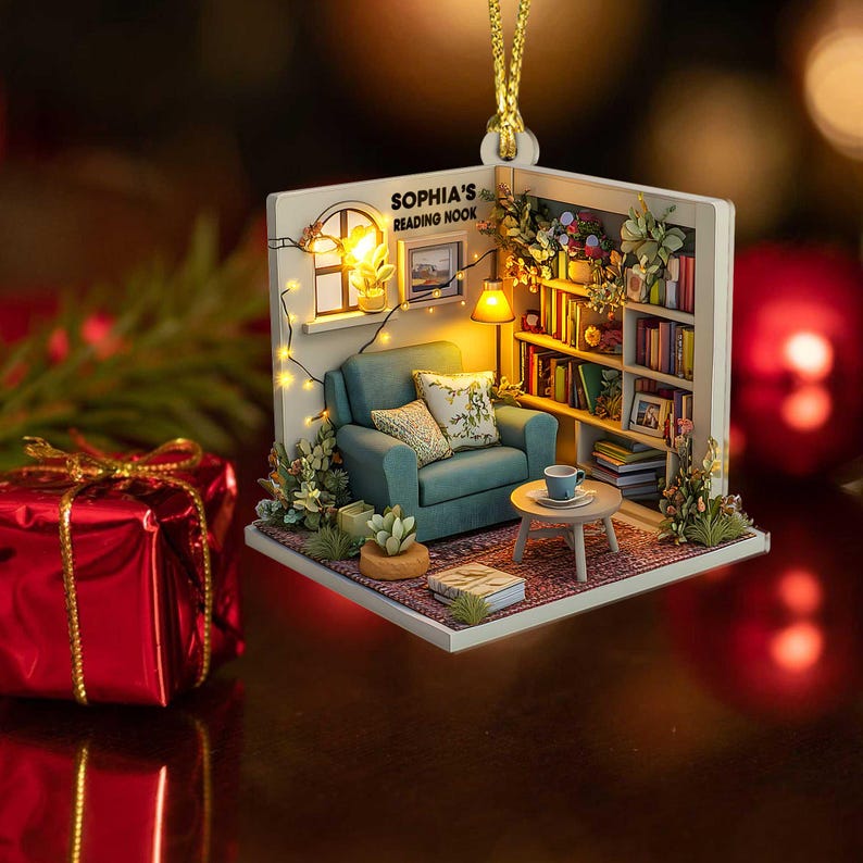 2D FLAT Personalized Dreamy Cozy Reading Nook 2D Flat Acrylic Ornament, Reading Room Christmas Ornament, Bookworm Gift, Librarian Gift