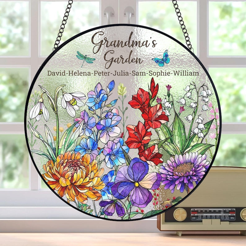 Personalized Birth Flowers Stained Glass Suncatcher, Custom Grandma's Garden Gift, Mom Gift, Grandma Gift From Grandkids
