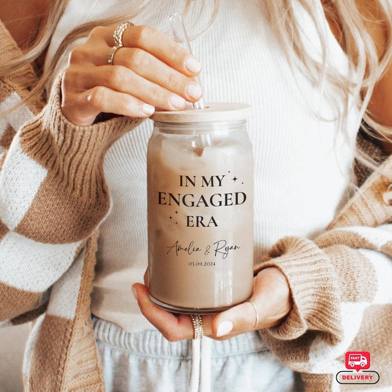 Personalized Engagement Gift Glass Tumbler, In My Wifey Era cup Gift for Bride, Glass Tumbler with straw and lid, Bridal shower in my Wife