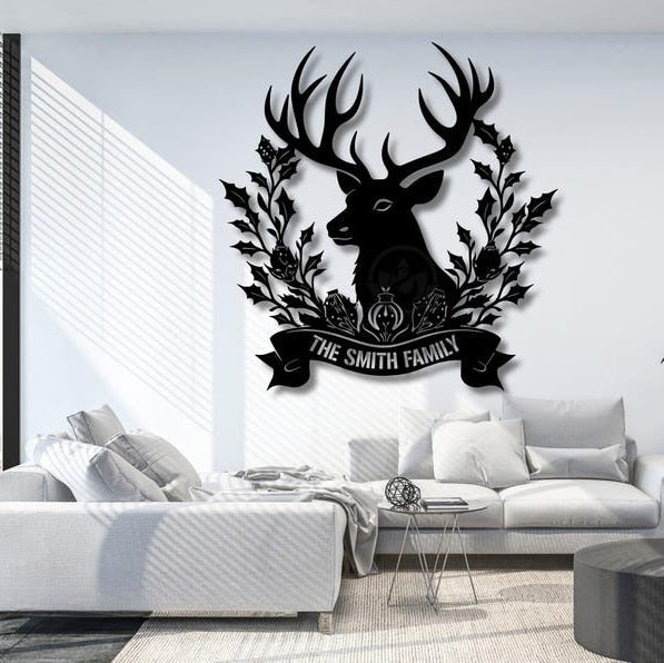 Personalized Christmas Metal Wall Art: Reindeer Family Name Sign