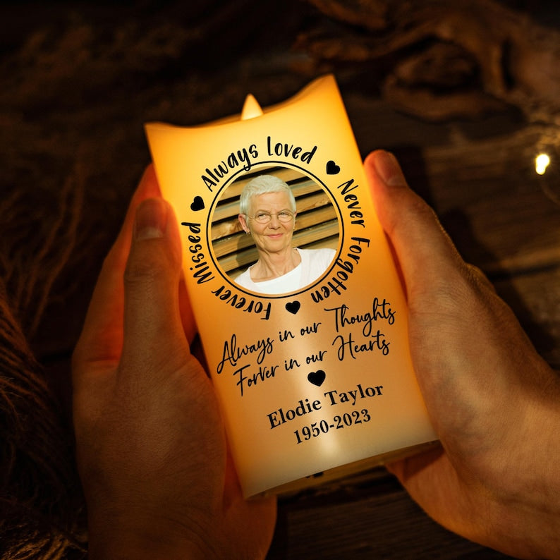 Always Loved, Never Forgotten, Forever Missed - Personalized Photo LED Candle, Custom Photo Sympathy Candle, Bereavement Gifts For Family