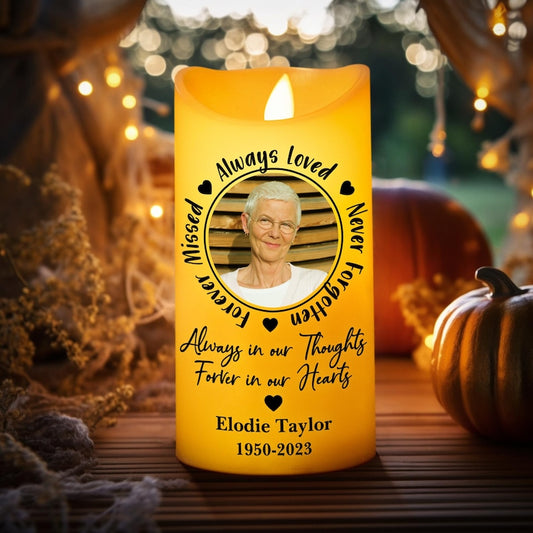 Always Loved, Never Forgotten, Forever Missed - Personalized Photo LED Candle, Custom Photo Sympathy Candle, Bereavement Gifts For Family