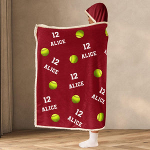 Personalized Softball Wearable Hooded Blanket, Custom Name And Number, Christmas Gift Birthday Gift For Softball Player Team Softball Mom