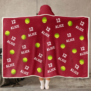 Personalized Softball Wearable Hooded Blanket, Custom Name And Number, Christmas Gift Birthday Gift For Softball Player Team Softball Mom