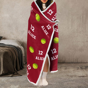 Personalized Softball Wearable Hooded Blanket, Custom Name And Number, Christmas Gift Birthday Gift For Softball Player Team Softball Mom
