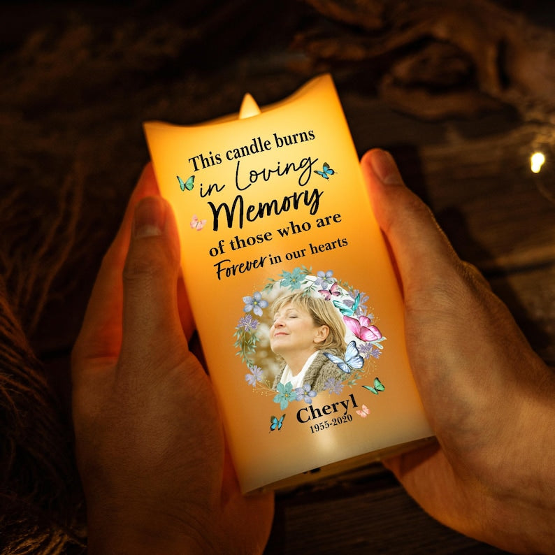 This Candle Burns In Loving Memory - Personalized Photo LED Candle, Custom Photo Sympathy Candle, Bereavement Gifts For Family, Gift for Mom