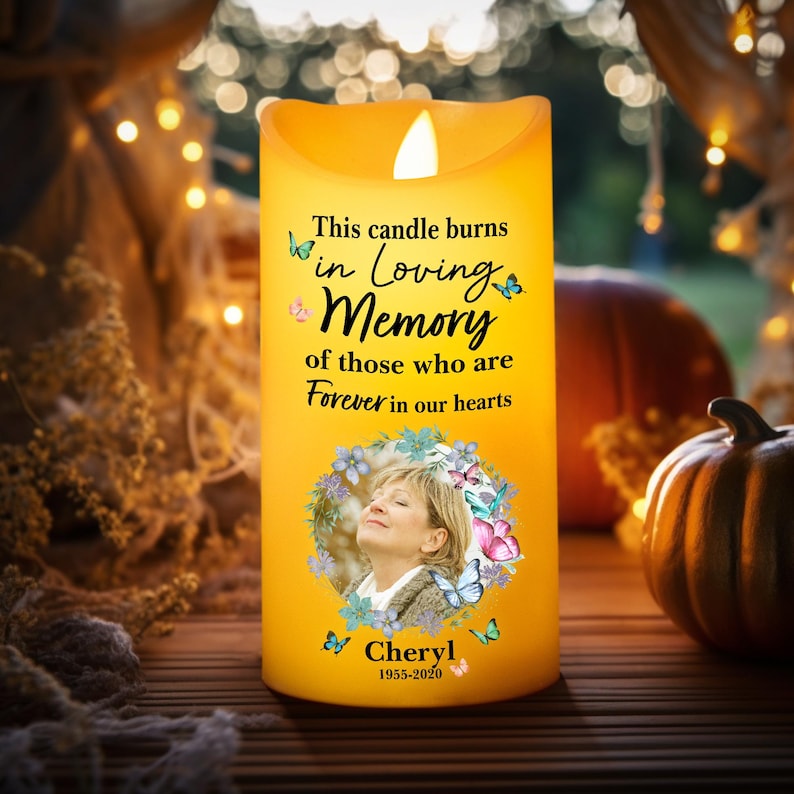 This Candle Burns In Loving Memory - Personalized Photo LED Candle, Custom Photo Sympathy Candle, Bereavement Gifts For Family, Gift for Mom