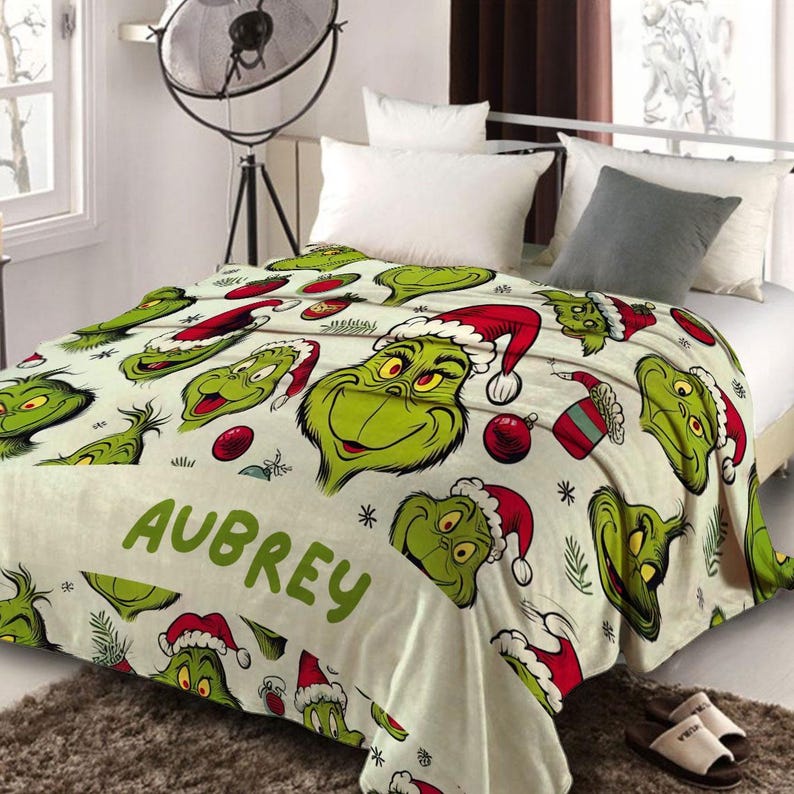 Personalized Name Grinch Blanket Grinchmas Blanket Cartoon Blanket For Boy and Girl Best Gift Blanket Custom Christmas Throw Blanket