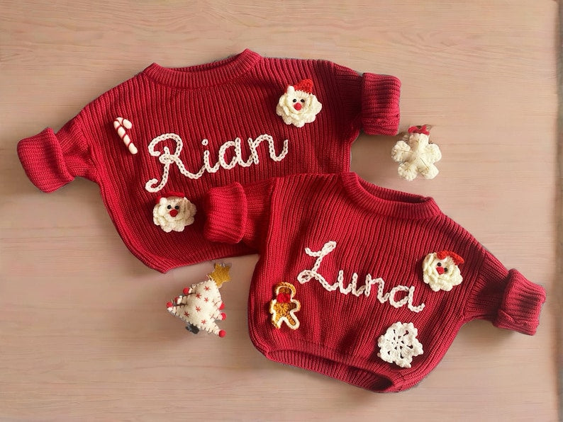 Red Baby Christmas Sweater|Personalized Santa Sweater with Name|Holiday Knit Outfit for Babies|Baby's First Christmas Outfit|Christmas Gift