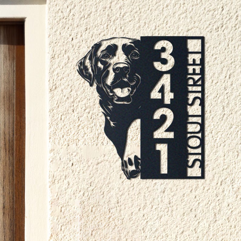 Dog House Number, Dog Address Sign, Labrador Sign, Vertical House Number Plaque for Outdoor Use