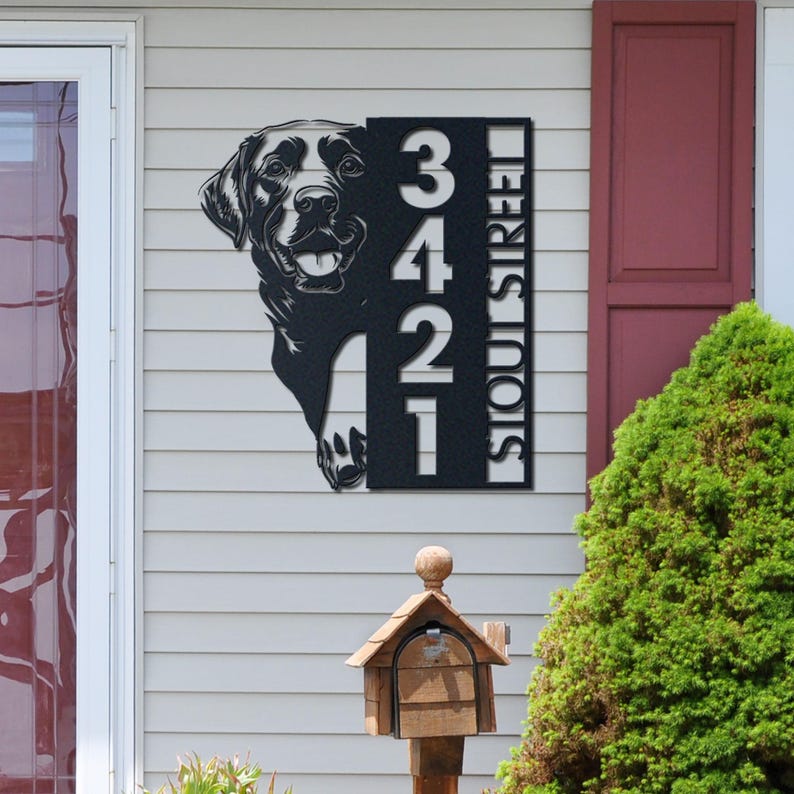 Dog House Number, Dog Address Sign, Labrador Sign, Vertical House Number Plaque for Outdoor Use