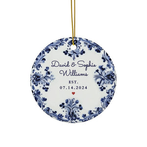 Personalized Delft Blue Wedding Ornament, Wedding Keepsake Delft Blue Name & Date, Delft Blue Circle Ornament Custom Married Wedding Favors