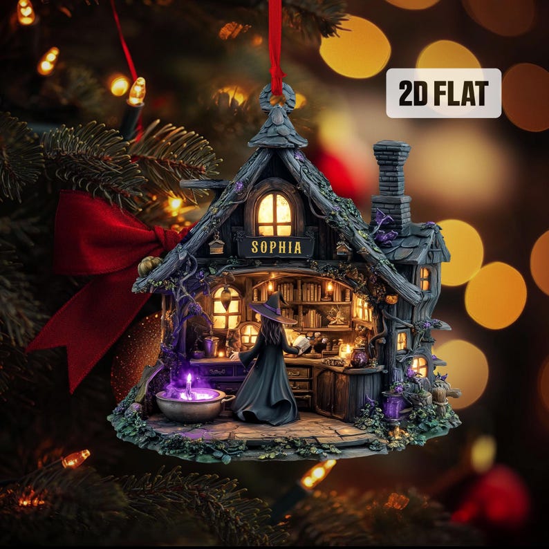 Personalized Witch 2D Flat Ornament, Custom Name Witch House Christmas Tree Ornament, Witchy Ornament, Salem Witch House, Xmas Gift for Her