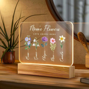 Personalized Birth Flowers Print with Names - Moms Garden and Grandmas Garden LED Night Light Family Birth Month Flowers Christmas Gifts