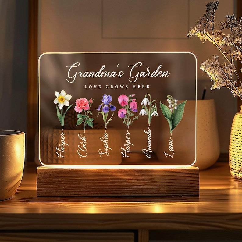 Personalized Birth Flowers Print with Names - Moms Garden and Grandmas Garden LED Night Light Family Birth Month Flowers Christmas Gifts