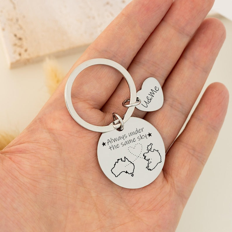 Custom Two Map Keychain,Always Under The Same Sky,Long Distance Relationship Gift,Going Away Gift,Couple Graduation Gift,Gift for Friend