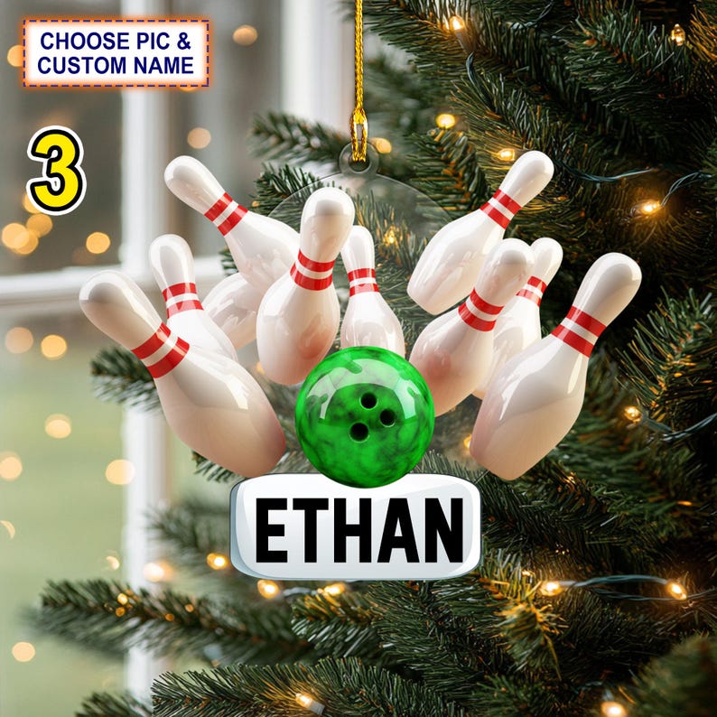 Custom Name Bowling Strike Personalized Ornament, Christmas Tree Hanging Decor, Christmas Ornament, 2D Flat Ornament