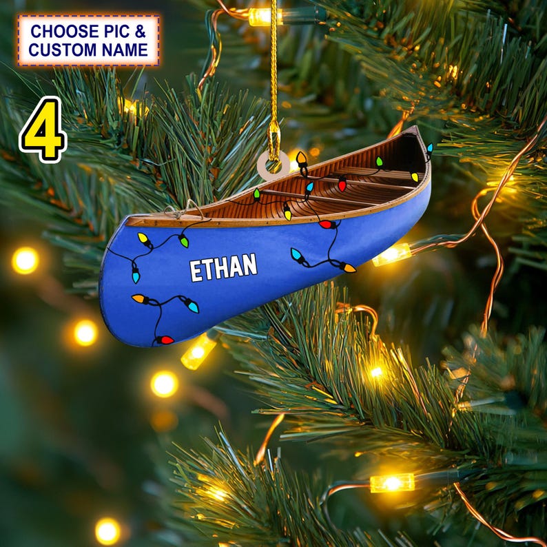 Custom Name Canoe Xmas Personalized Ornament, Christmas Tree Hanging Decor, Christmas Ornament, 2D Flat Ornament