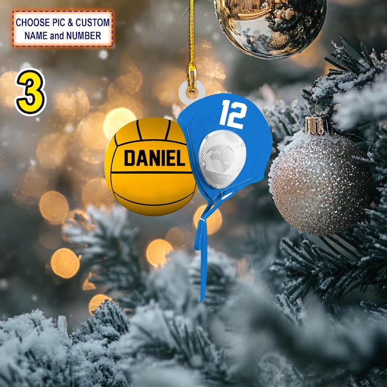 Custom Name Water Polo Ball And Cap Personalized Ornament, Christmas Tree Hanging Decor, Christmas Ornament, 2D Flat Ornament