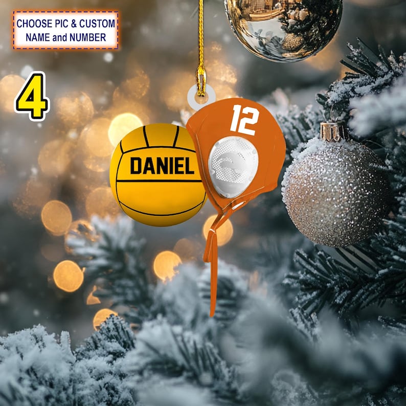 Custom Name Water Polo Ball And Cap Personalized Ornament, Christmas Tree Hanging Decor, Christmas Ornament, 2D Flat Ornament