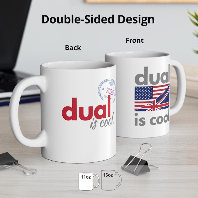 US Citizenship Gift Mug, Dual Citizenship, New American Citizen Mug, New American US Citizen Personalized Gift; Mug Split-Flag 1 US