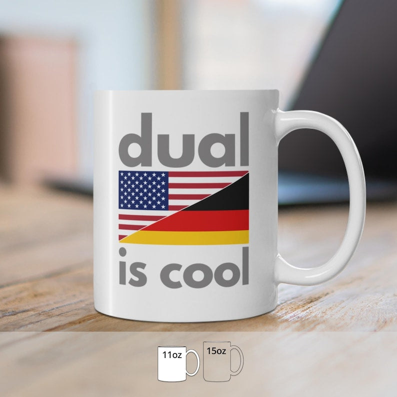 US Citizenship Gift Mug, Dual Citizenship, New American Citizen Mug, New American US Citizen Personalized Gift; Mug Split-Flag 1 US