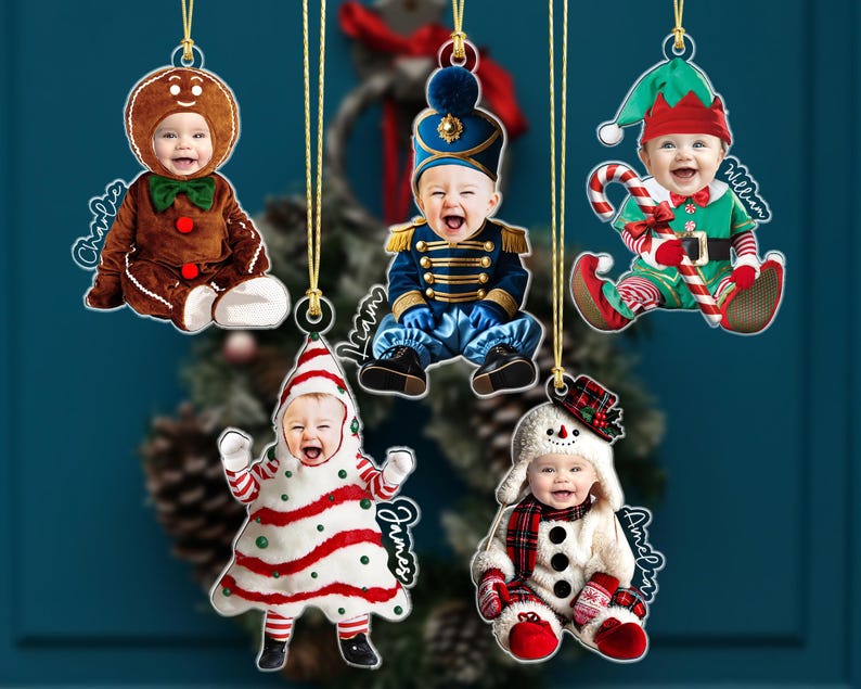 Personalized Face Baby Ornament, Custom Baby Photo Ornament, Babys Photo First Christmas Ornament, Kids In Christmas Costume, Xmas Decors