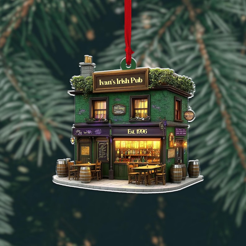 Personalized Irish Pub Ornament For Christmas Tree Decor, Rear View Mirror Car Accessories Hanging, Ireland Gifts Shamrock, Gift For Him