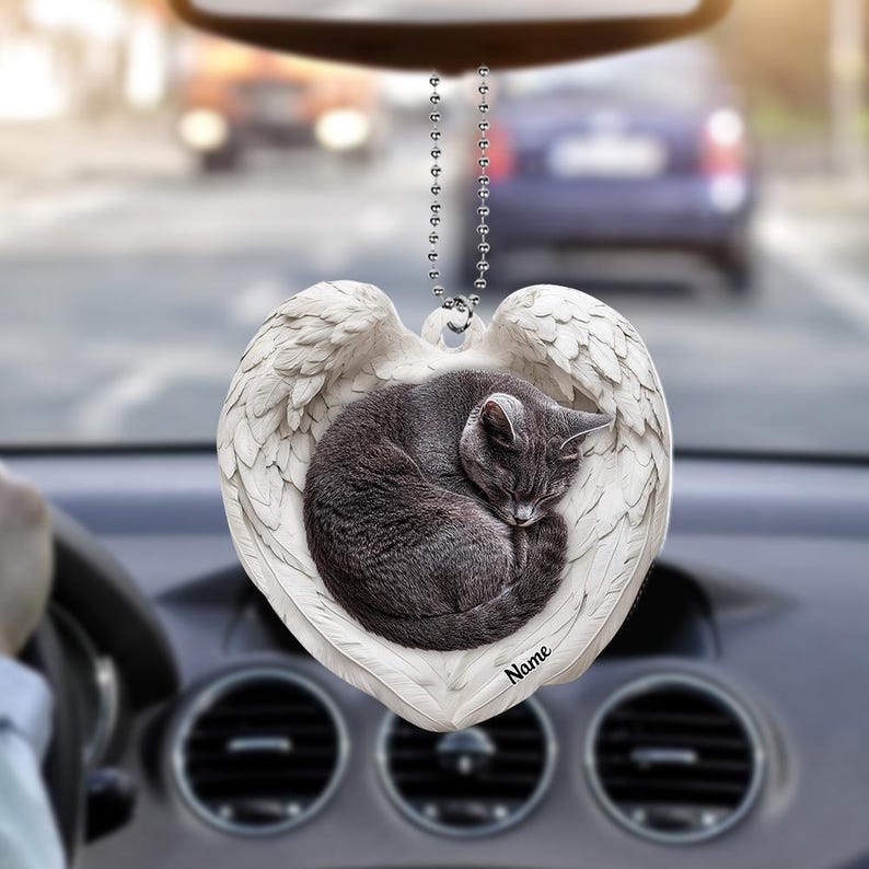 Personalized Gray Cat Sleeping Angel Wings Ornament, Gray Cat Christmas Ornament Gift, Car Ornament, Gift For Pet Lovers