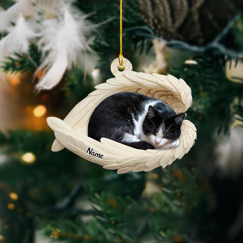 Personalized Tuxedo Cat Sleeping Angel Wings Ornament, Tuxedo Cat Christmas Ornament Gift, Car Ornament, Gift For Pet Lovers