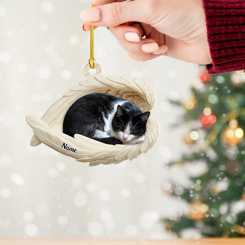 Personalized Tuxedo Cat Sleeping Angel Wings Ornament, Tuxedo Cat Christmas Ornament Gift, Car Ornament, Gift For Pet Lovers