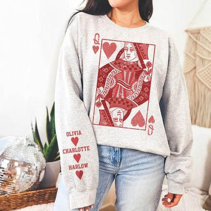 Queen of Hearts Personalized Valentine Custom Sweatshirt Gift Mom - Custom Name Valentine Gift Wife - Galentines Matching Shirt Kids Names
