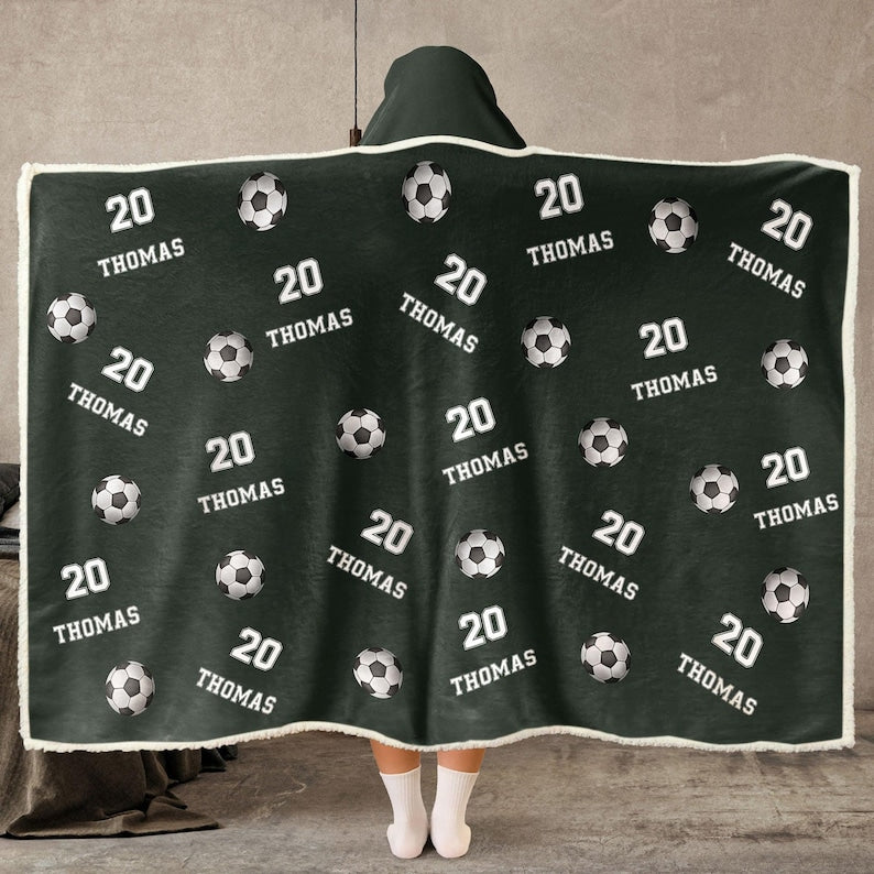 Personalized Soccer Wearable Hooded Blanket, Custom Name And Number, Christmas Gift Birthday Gift For Soccer Player Team Soccer Mom