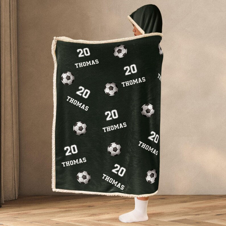 Personalized Soccer Wearable Hooded Blanket, Custom Name And Number, Christmas Gift Birthday Gift For Soccer Player Team Soccer Mom