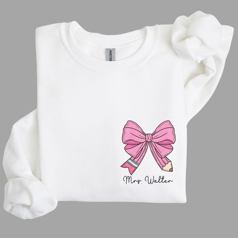 Custom Teacher Coquette Bow Sweatshirt, Custom Teacher Name Shirt, Teacher Appreciation Gift, Cute Teacher Christmas Shirt, Back To School