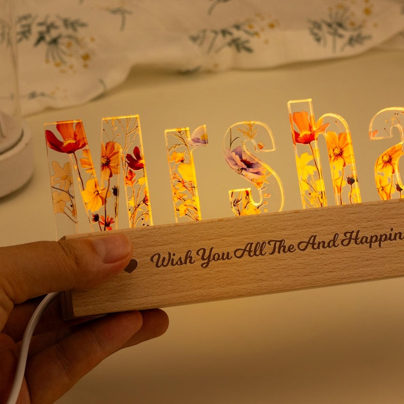 Personalized Night Light with Flower, Colorful Flower Letter Name Lamp, Custom Name Night Light, Birthday Gift for Mom/Baby, Valentines Gift