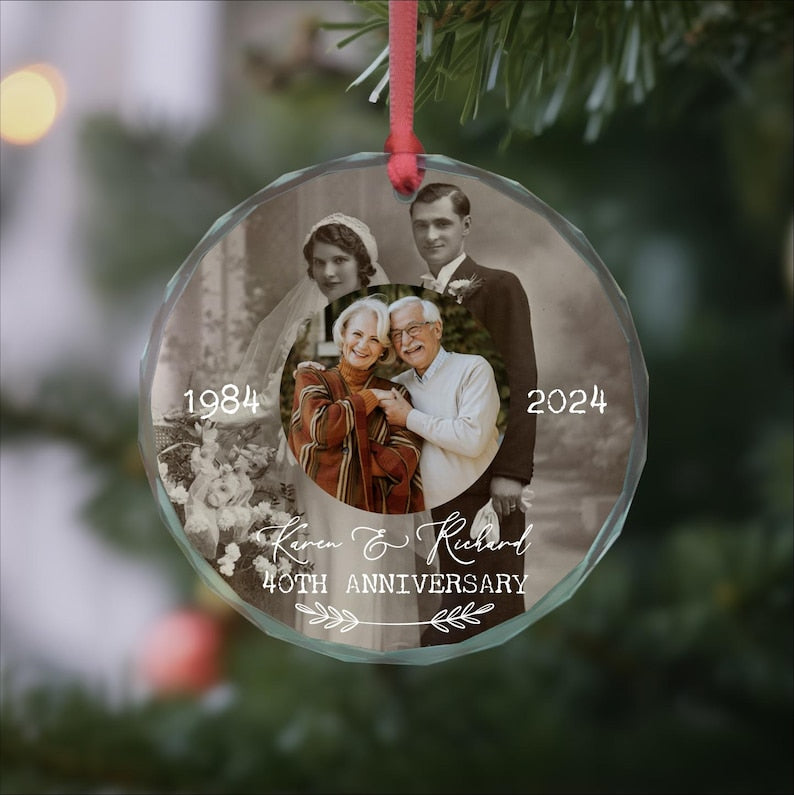 Personalized Wedding Anniversary Ornament with Then and Now Photos, Custom Golden/Silver Anniversary Keepsake, Gift for Parents Grandparents