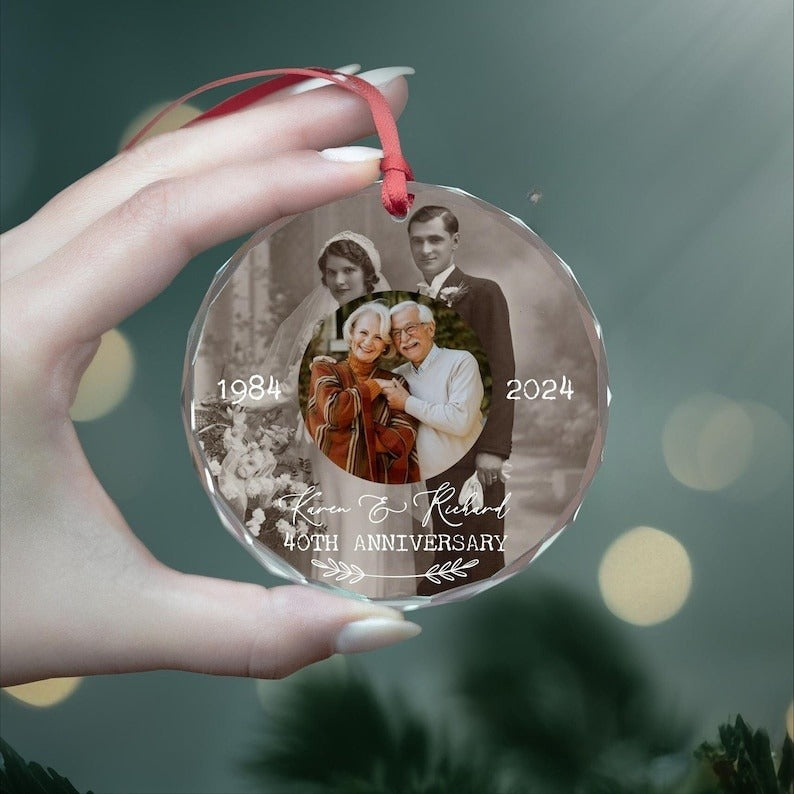 Personalized Wedding Anniversary Ornament with Then and Now Photos, Custom Golden/Silver Anniversary Keepsake, Gift for Parents Grandparents