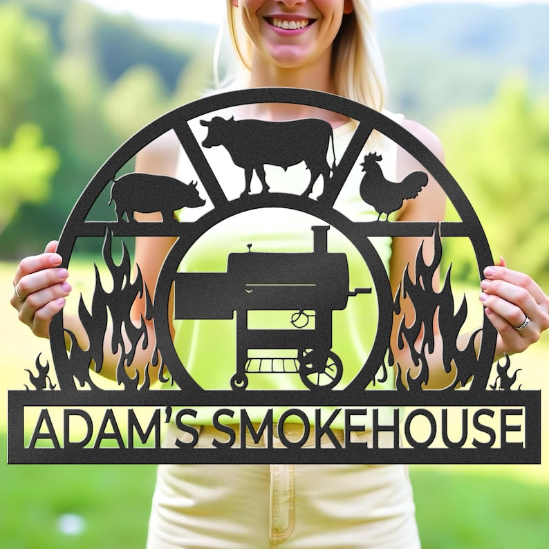 Custom BBQ Name Sign - Personalized BBQ Metal Sign - Smokehouse Metal Sign - Barbecue Wall Art - Personalized Grill Sign - Sign for Outdoor