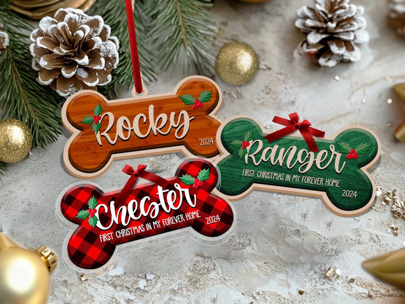 Personalized Dog Bone Christmas Ornament, Custom Pet Name Ornament, Pet Memorial Ornament, New Puppy Ornament, First Christmas Keepsake