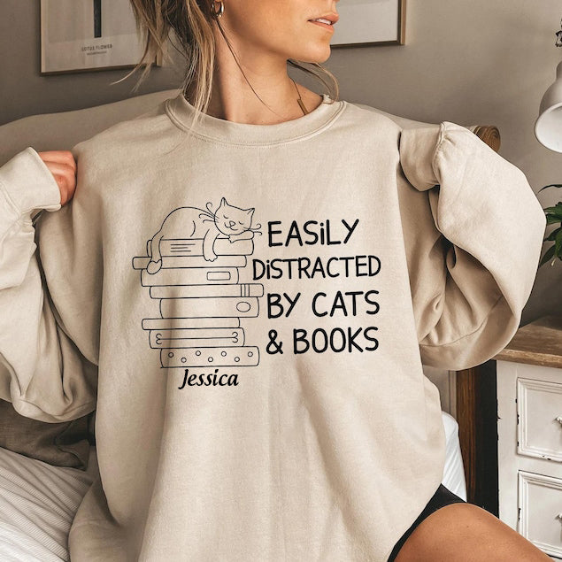 Easily Distracted By Cats And Books Sweatshirt, Book Lover Gift, Funny Cat Sweatshirt, Cat Lover Sweatshirt, Cat Lover Gift, Cats and Books