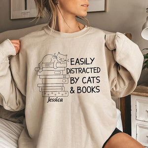 Easily Distracted By Cats And Books Sweatshirt, Book Lover Gift, Funny Cat Sweatshirt, Cat Lover Sweatshirt, Cat Lover Gift, Cats and Books