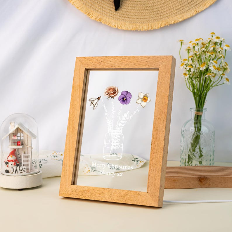 Personalized Wooden Frame Night Light, Night Light with Family Birth Flower, Christams Gift for Nancy, Grandma Birthday Gift, Nightlight Mom