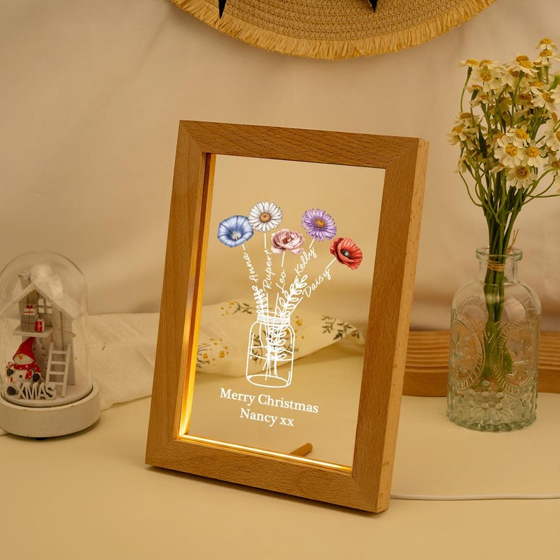 Personalized Wooden Frame Night Light, Night Light with Family Birth Flower, Christams Gift for Nancy, Grandma Birthday Gift, Nightlight Mom