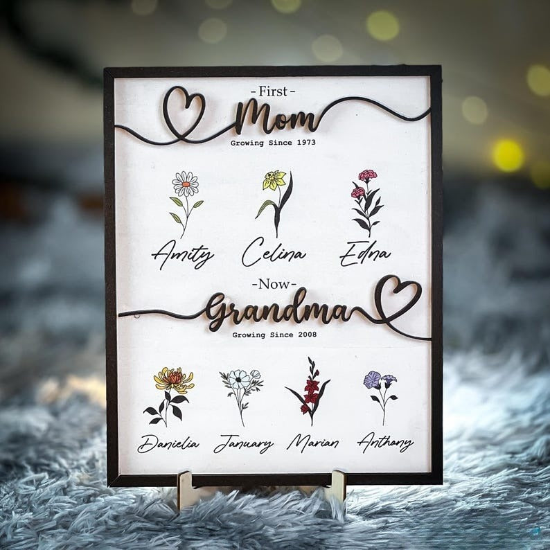 Nana Gift Personalized Flower Birth Month Garden Wooden Sign Frame, Mother Day Gift, First Mom Now Grandma Gift, Mom Gift, Mom Birthday Gift